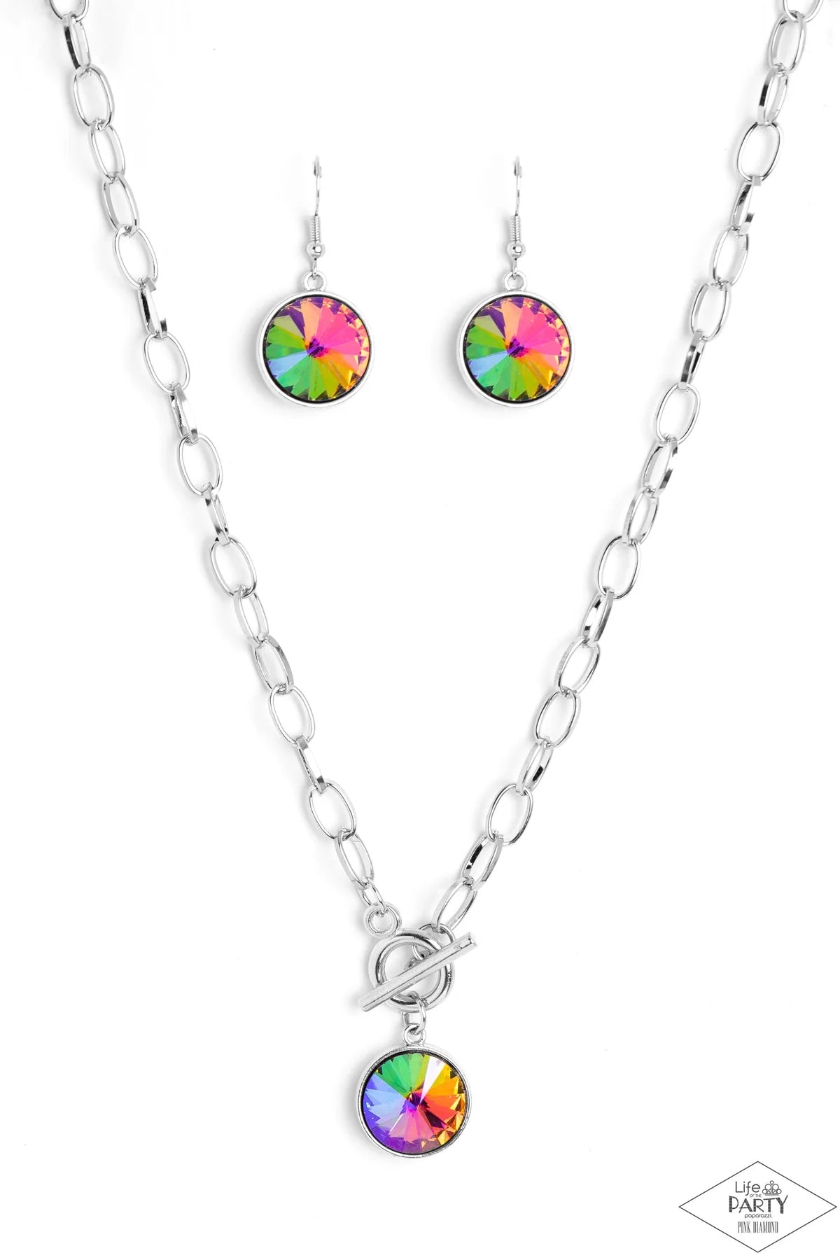 SHE SPARKLES ON - MULTI UV SHIMMER OIL SPILL GEM SILVER TOGGLE NECKLACE - PAPARAZZI