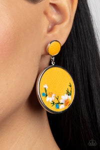 Embroidered Gardens - Yellow Post Earrings - Paparazzi Jewelry