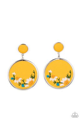 paparazzi-accessories-embroidered-gardens-yellow-post earrings