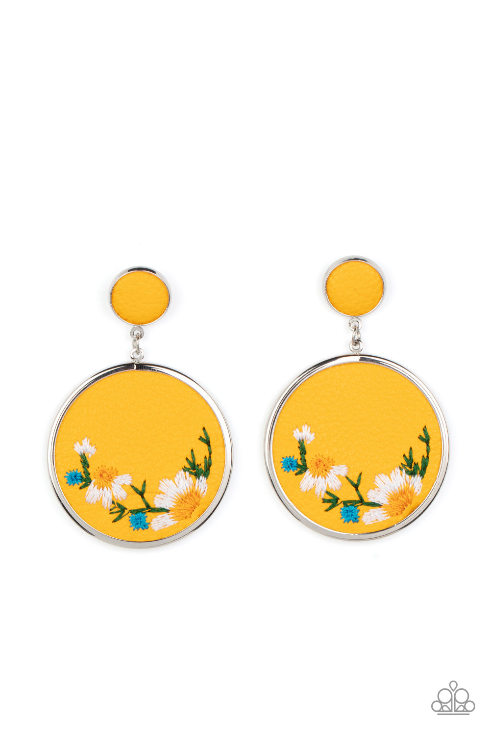 paparazzi-accessories-embroidered-gardens-yellow-post earrings