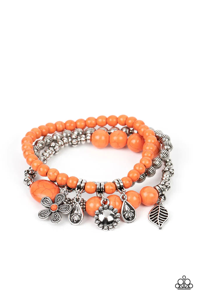 INFLORESCENCE - ORANGE STONE SILVER CHARM STRETCHY BRACELET - PAPARAZZI