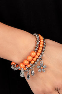 INFLORESCENCE - ORANGE STONE SILVER CHARM STRETCHY BRACELET - PAPARAZZI